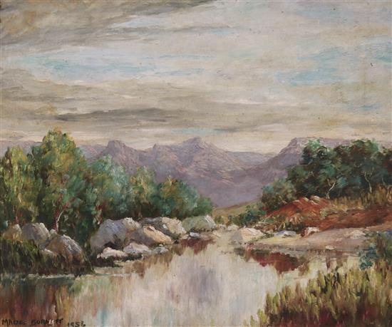 Madge Burnett, oil on board, river landscape, dated 1956, 50 x 60cm